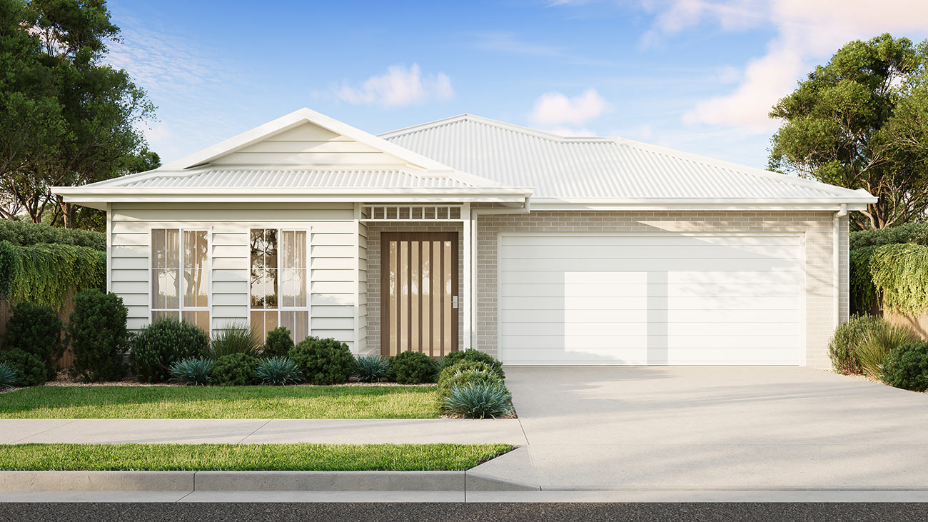 Modern single storey home facade with clean lines, render and brick combination
