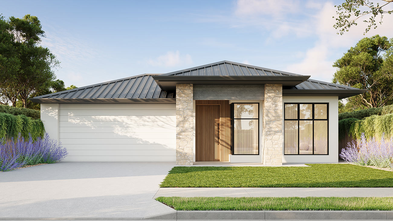 Modern single storey home facade with stone columns, metal roof and landscaped front yard