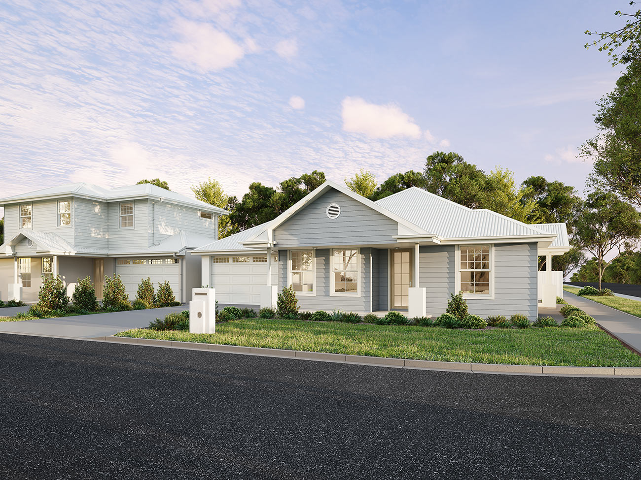3D render of a modern single story home with landscaped front yard