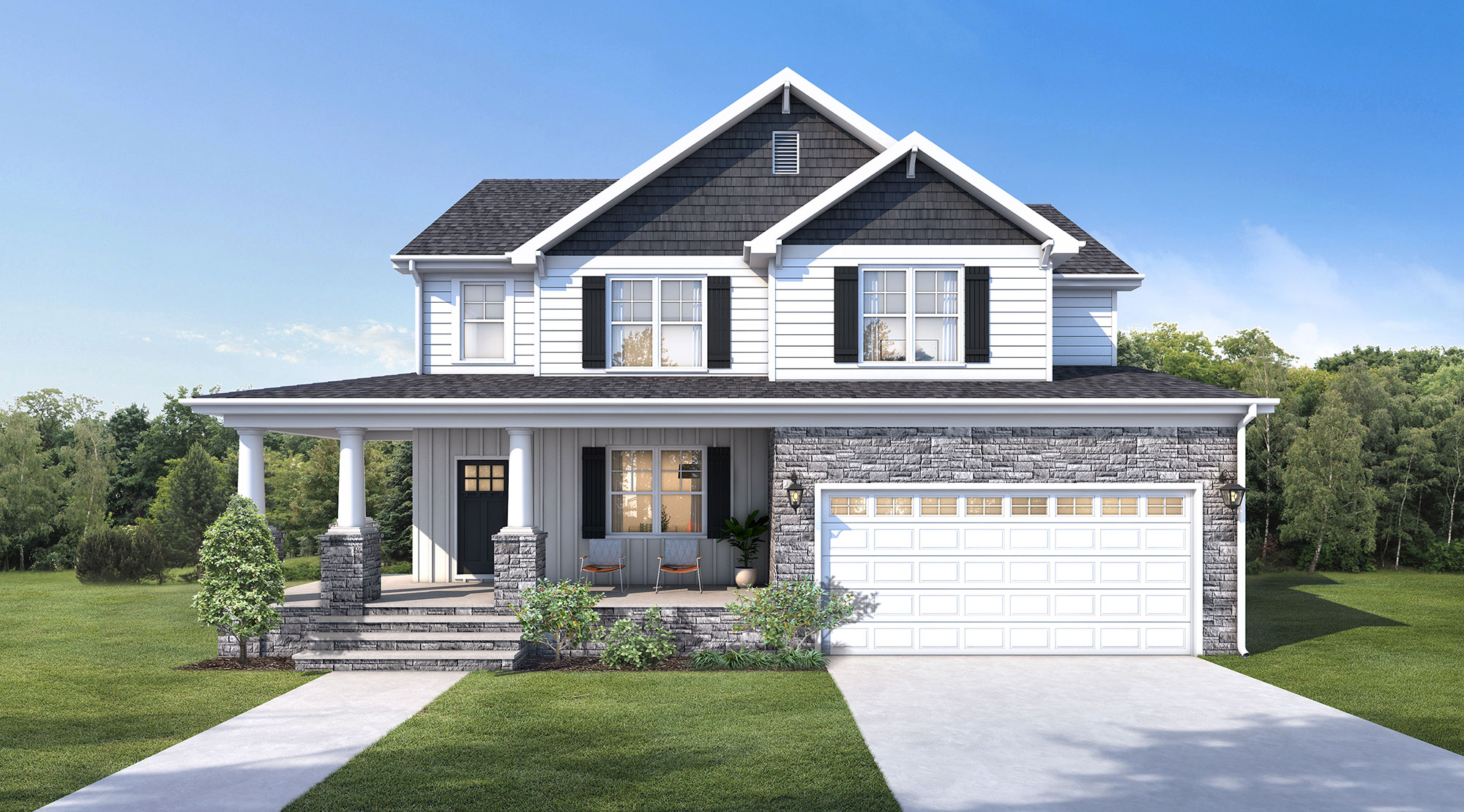 Modern suburban home with gable roof, stone base and attached garage