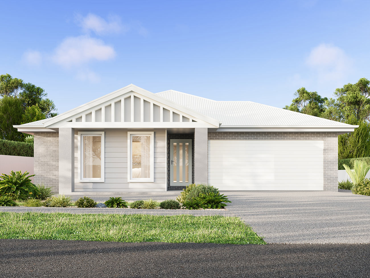 Modern suburban home facade with light brick, gable roof and simple landscaping