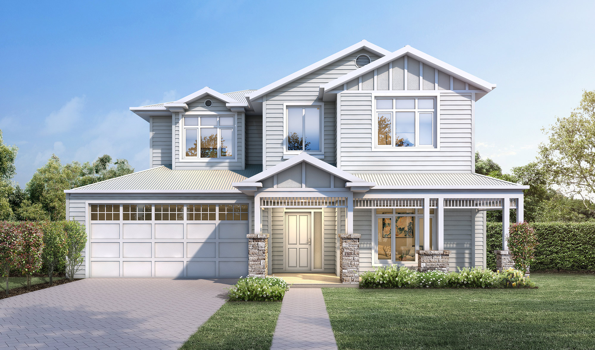 Modern suburban two story home with rendered facade, balcony and integrated garage