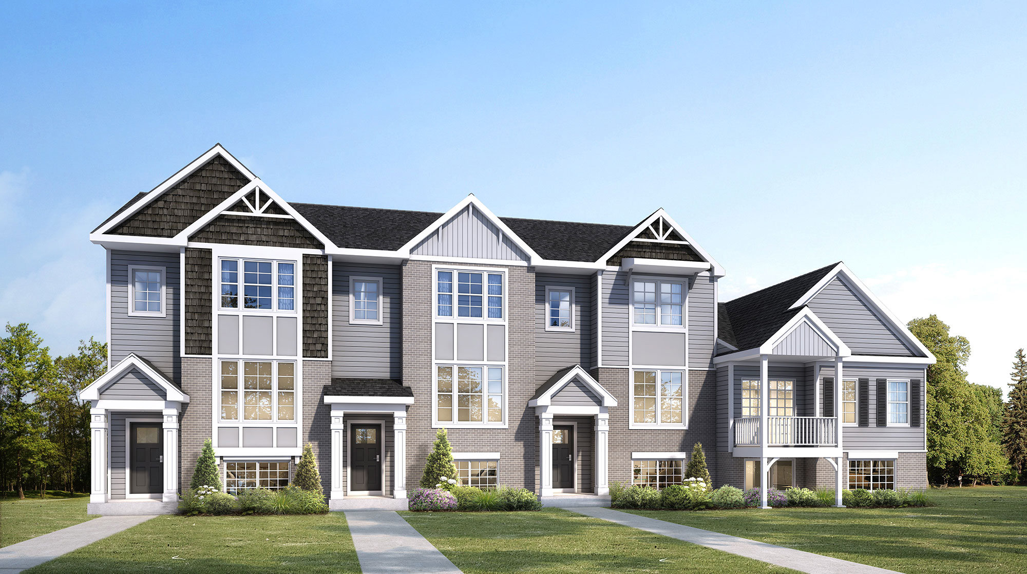 3D render of modern brick townhouses with garage and urban design