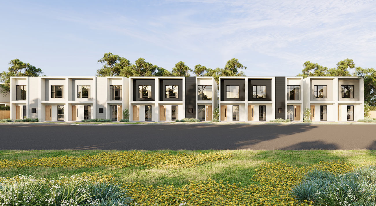 Modern townhouse development with minimalist facade and repeating architectural pattern