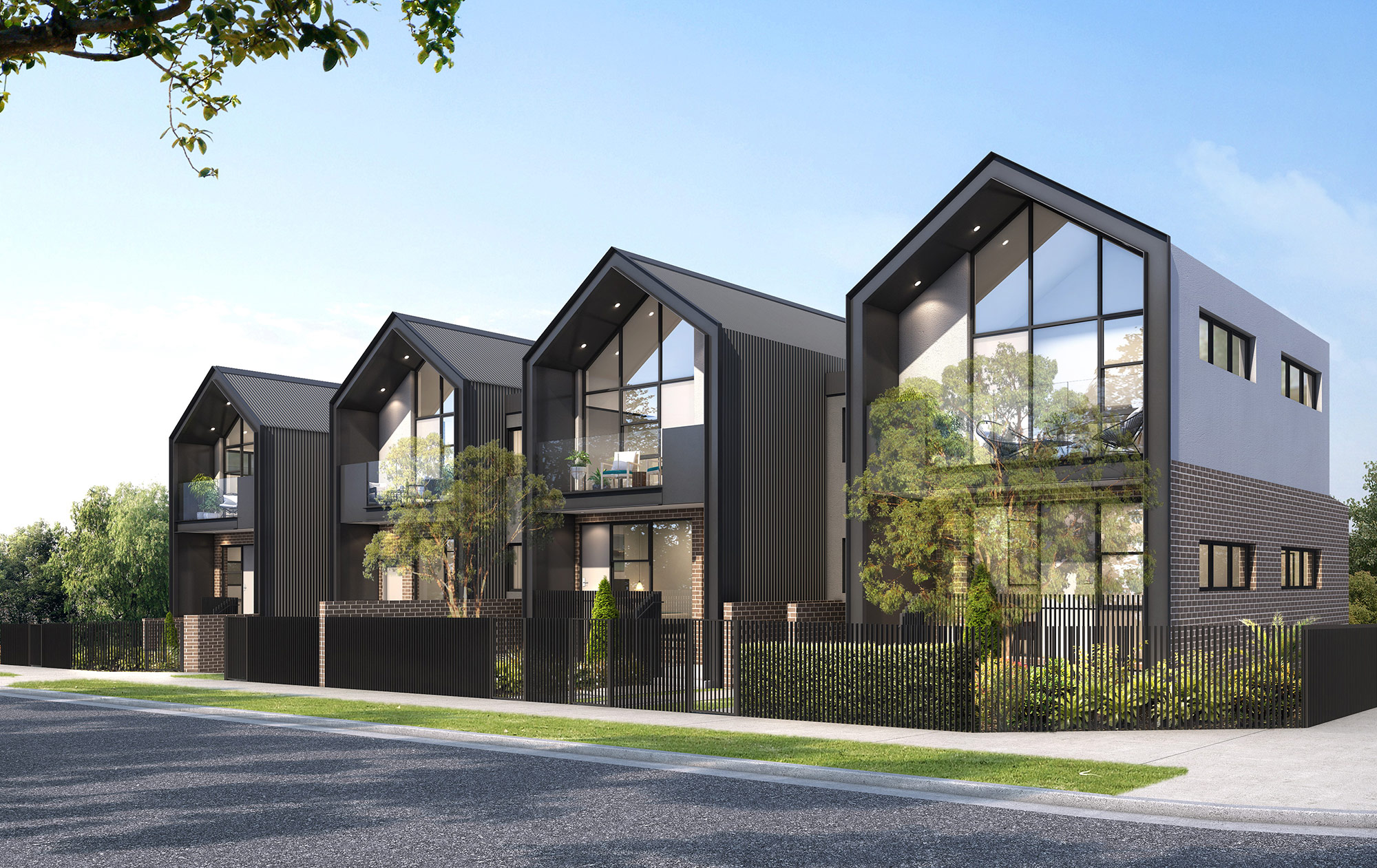 3D render of modern townhouses with pitched roofs and urban streetscape design