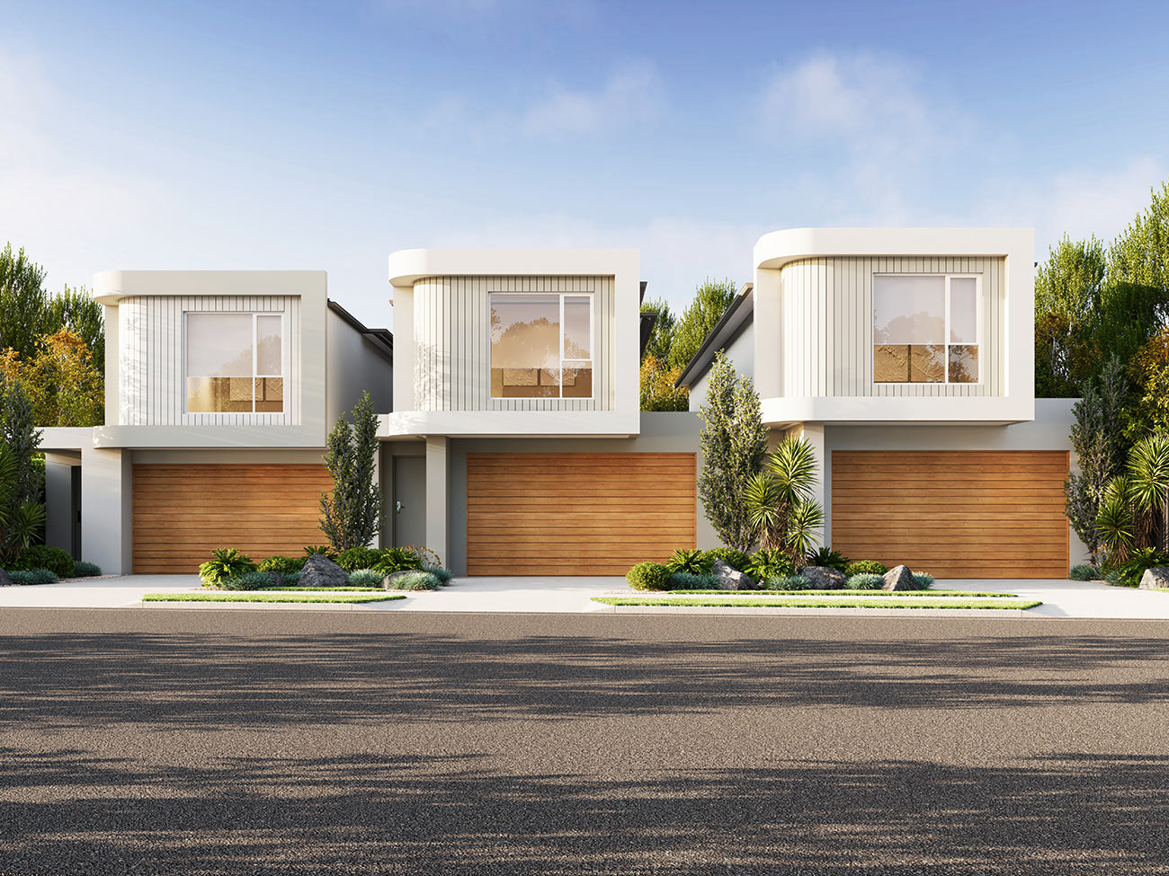 Modern townhouse row with triple garages and clean contemporary facade 3D render