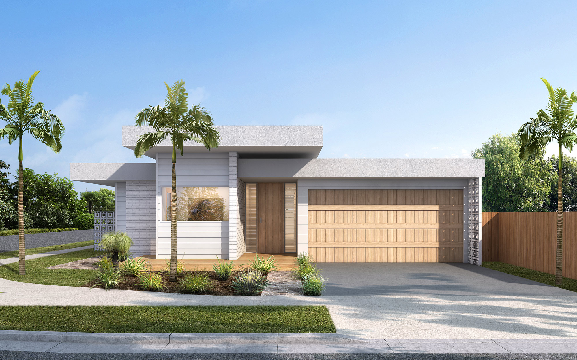 Modern tropical home with palm landscaping, flat roof and clean architectural lines