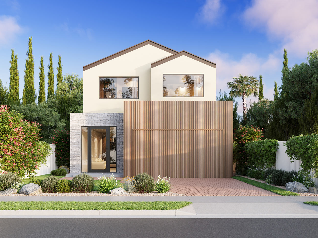 Modern two-storey home with timber screen facade, stone entry feature and landscaped front yard