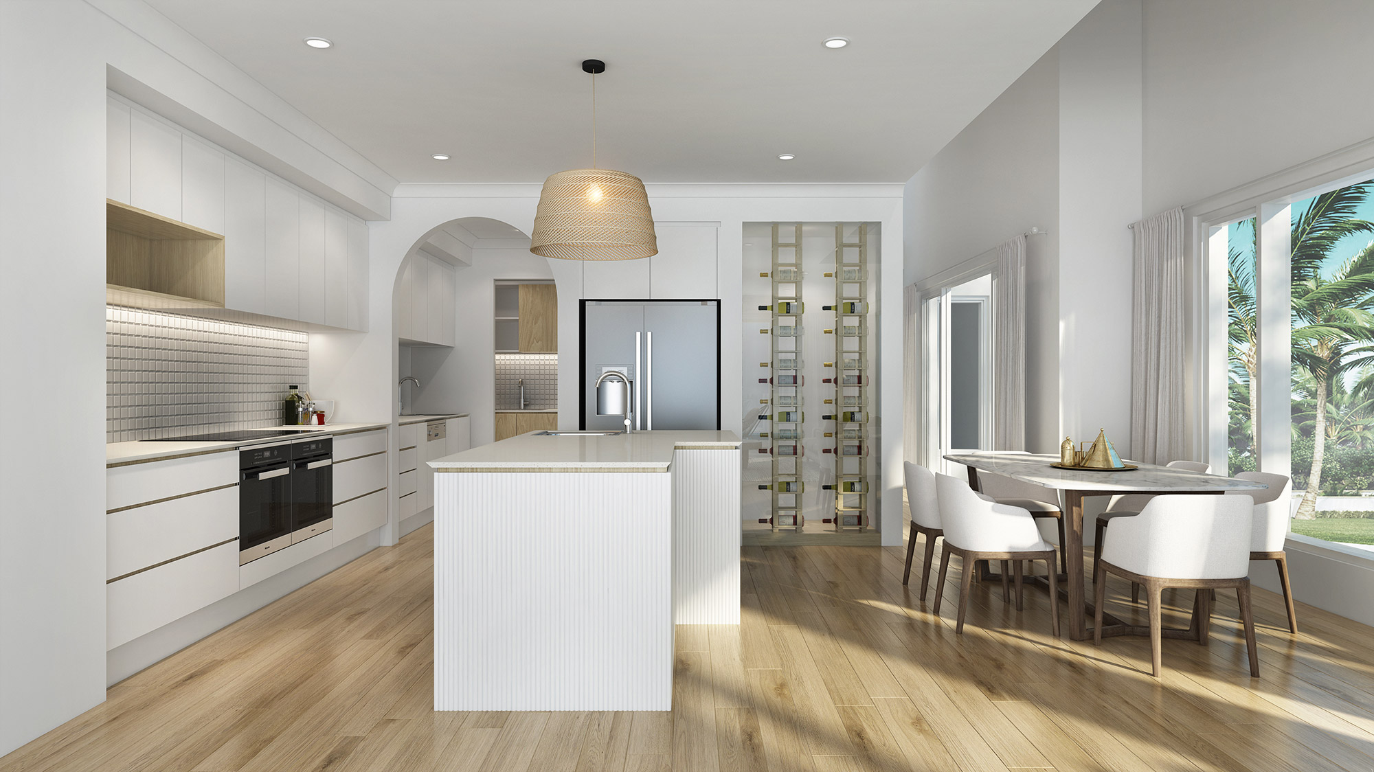 Modern white kitchen with island bench, dining area and luxury open plan layout