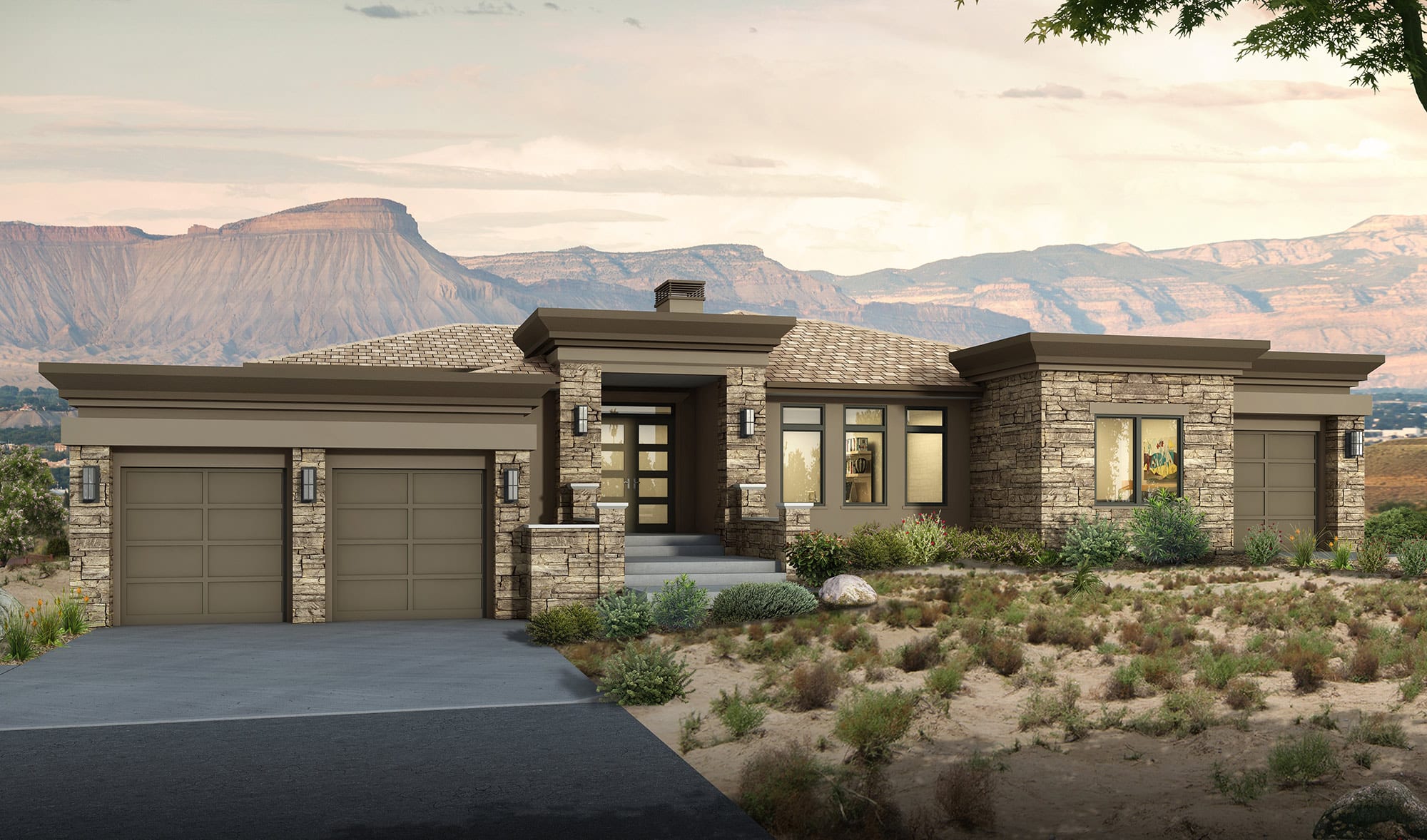 Mountain modern home with stone cladding and desert landscape setting