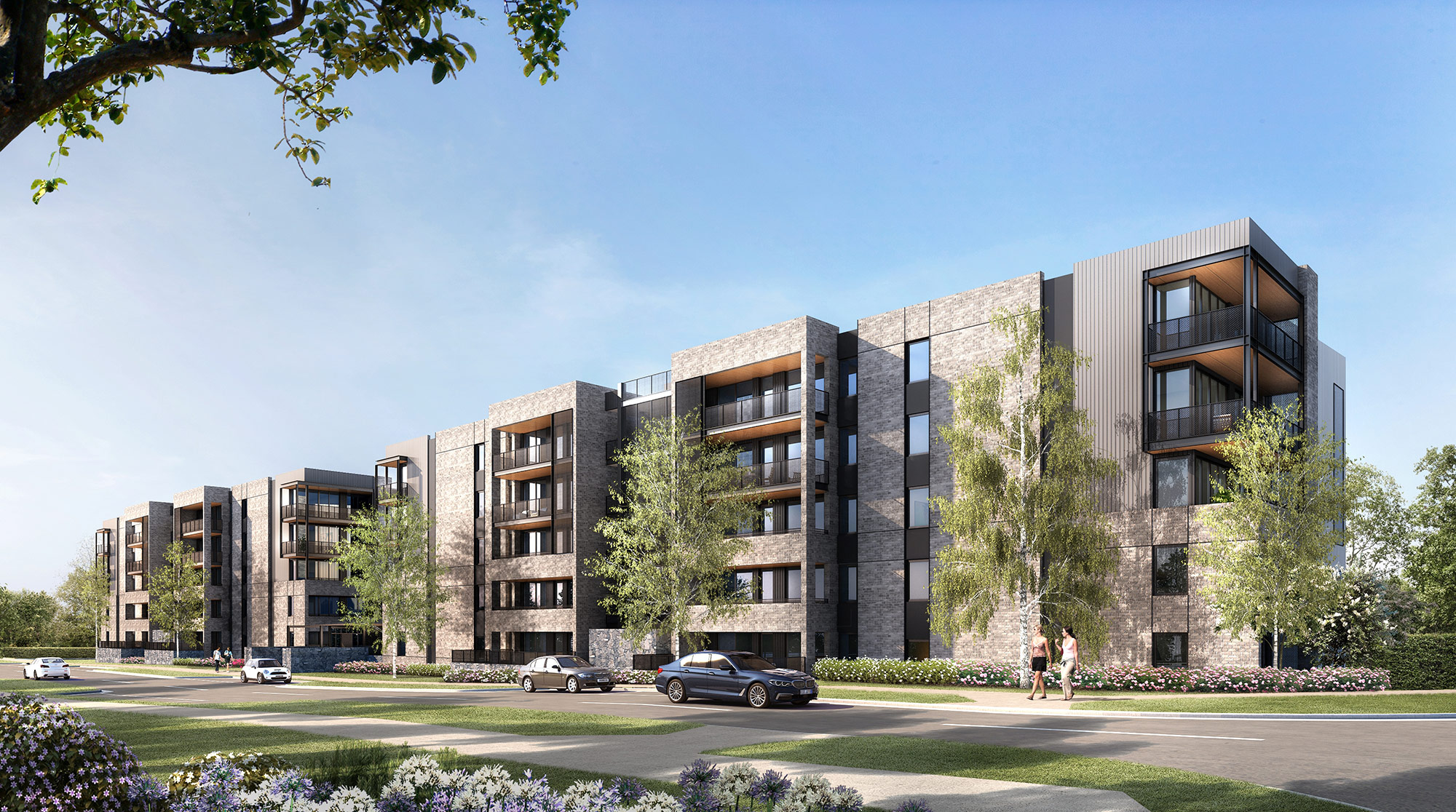3D render of a multi-family apartment complex with landscaped surroundings