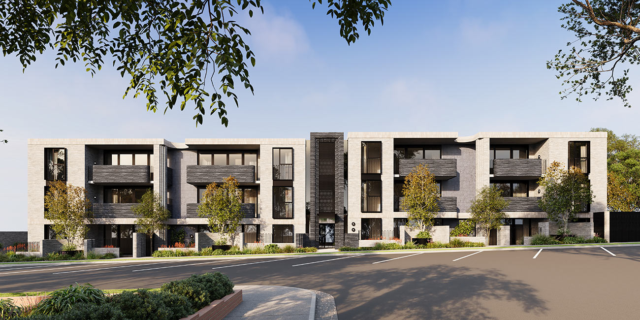 Modern multi-unit apartment building with balconies and landscaping 3D render