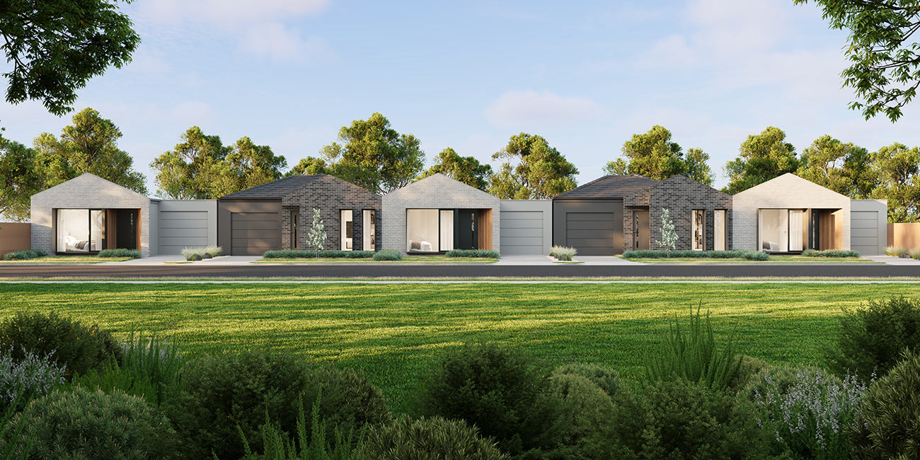 3D render of multi-unit residential development with townhouse community layout