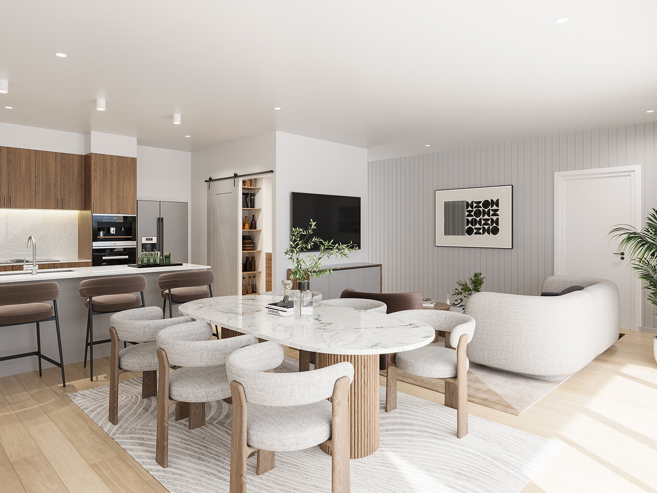 Open plan living dining kitchen with modern finishes and bright interior design