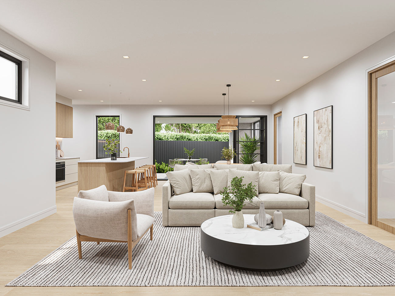 Open plan living and kitchen with indoor outdoor flow and modern neutral styling