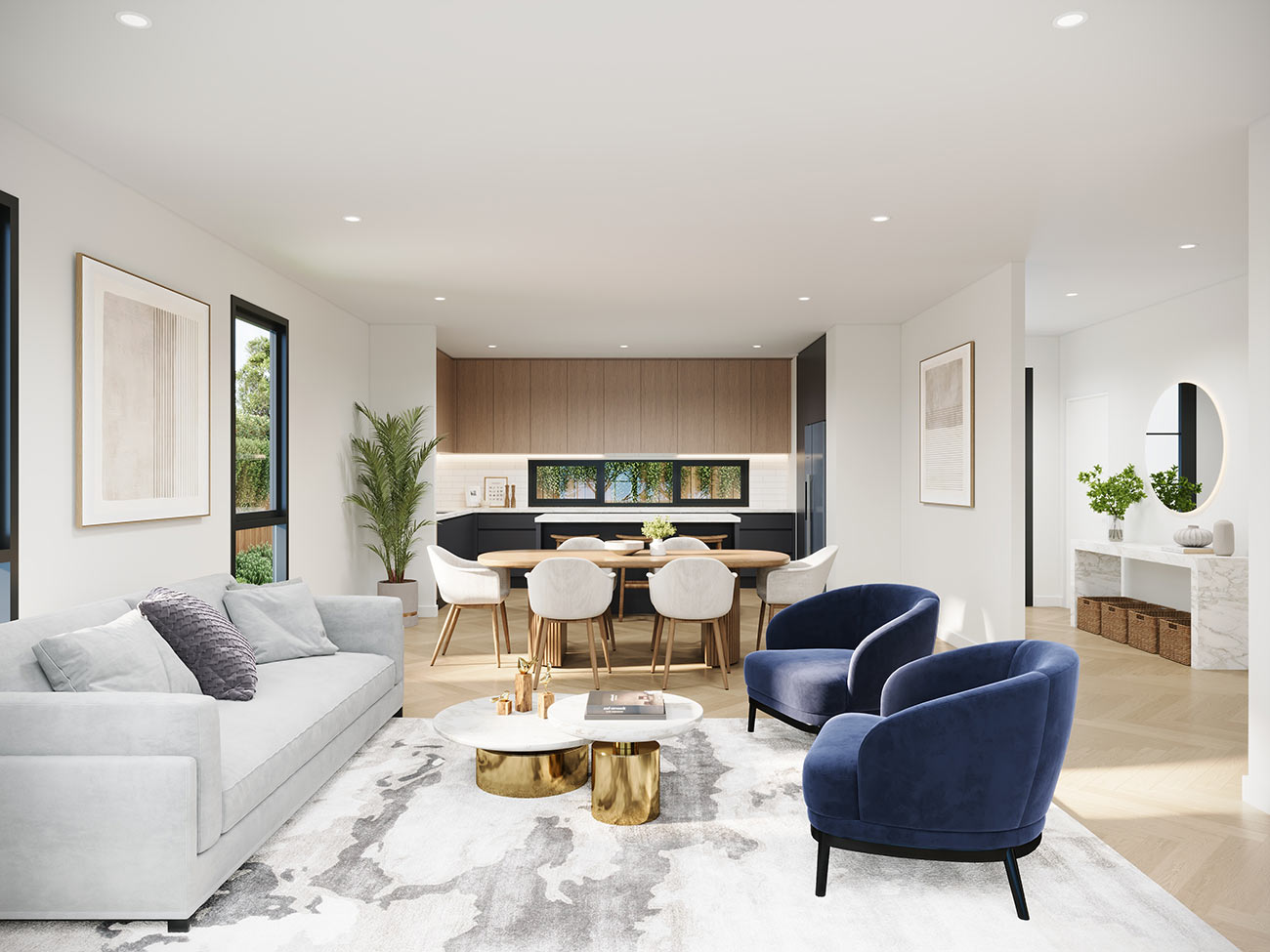 Open plan living and kitchen with modern neutral finishes and soft lighting