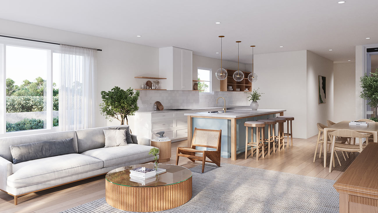 Open plan living and kitchen with modern timber finishes and natural light