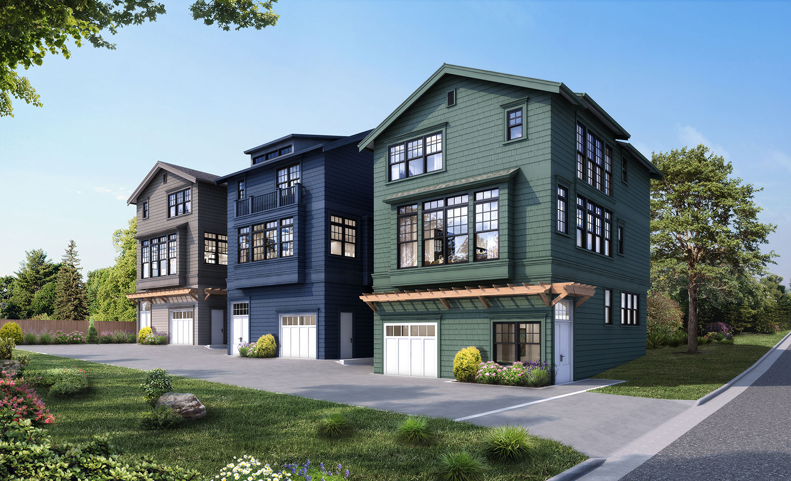 3D render of a modern residential housing estate with multiple homes