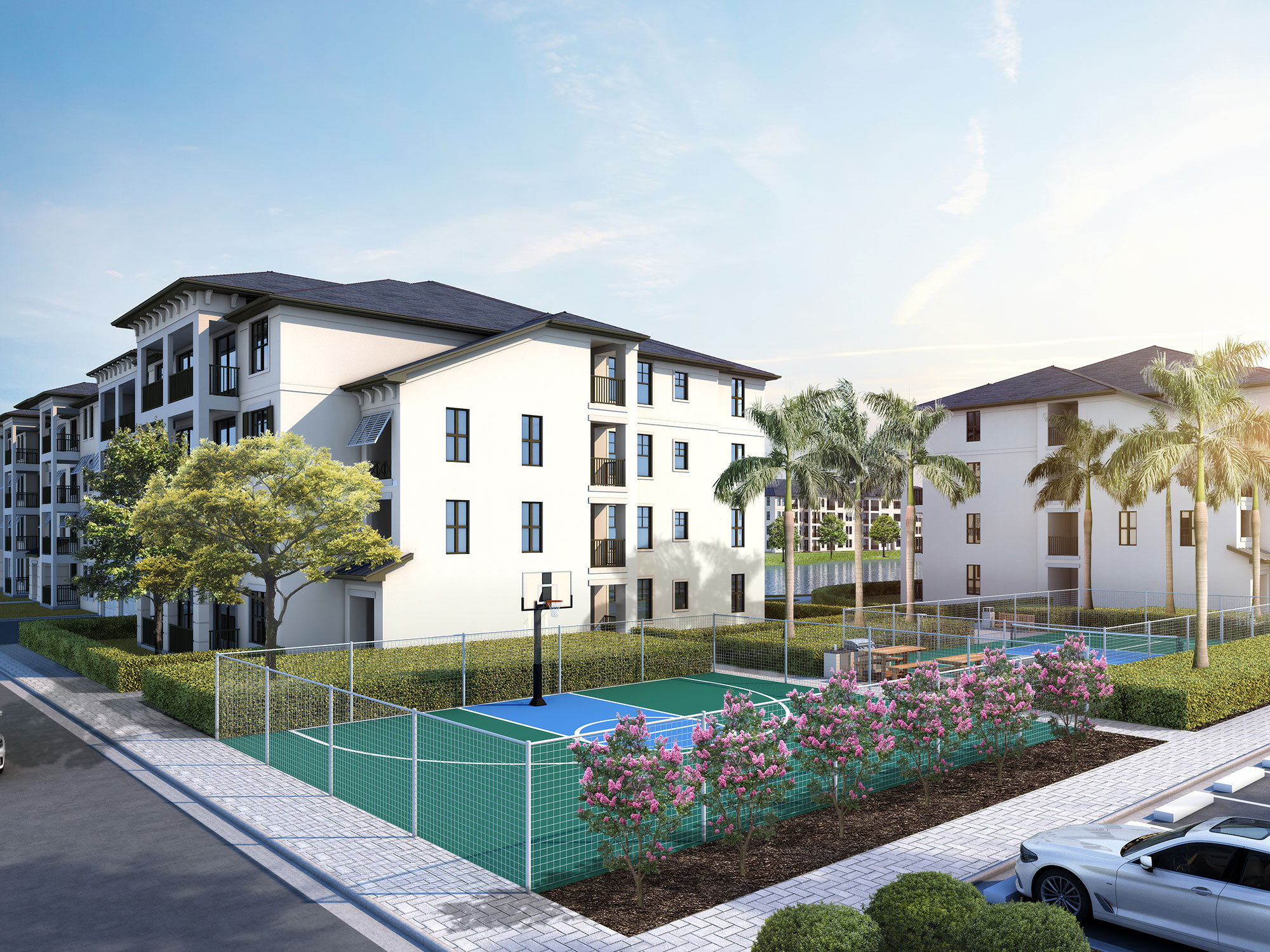 3D render of a modern residential housing estate with multiple homes 1