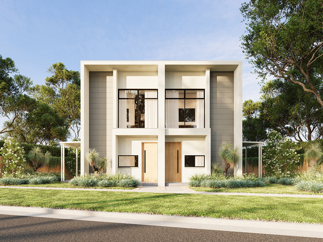 Modern townhouse streetscape with landscaped walkway and greenery 3D render