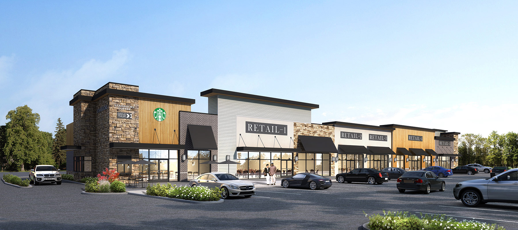 3D render of a modern retail shopping center with multiple tenants