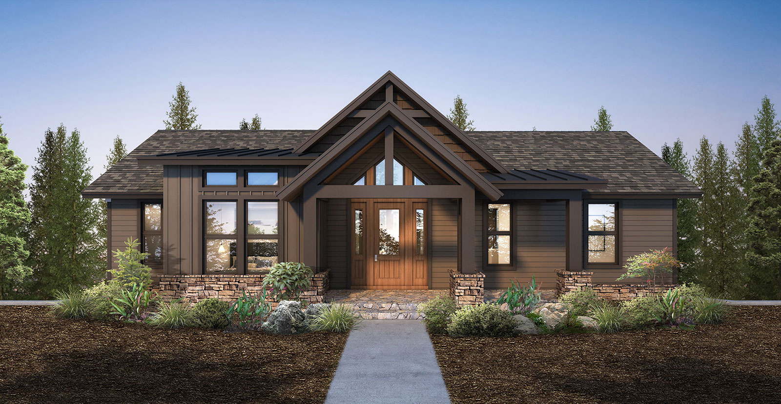 Rustic mountain home with timber beams, stone base and landscaped front entry