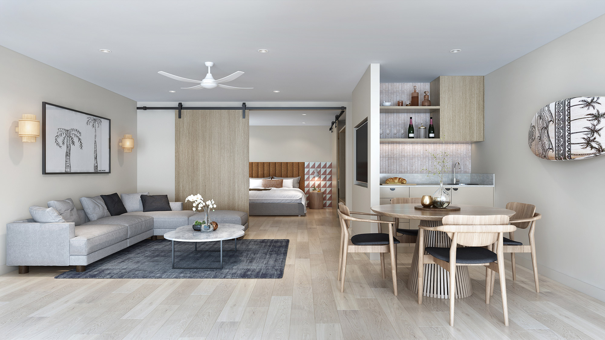 Studio apartment with open plan living, dining and bedroom layout featuring modern furniture and neutral tones