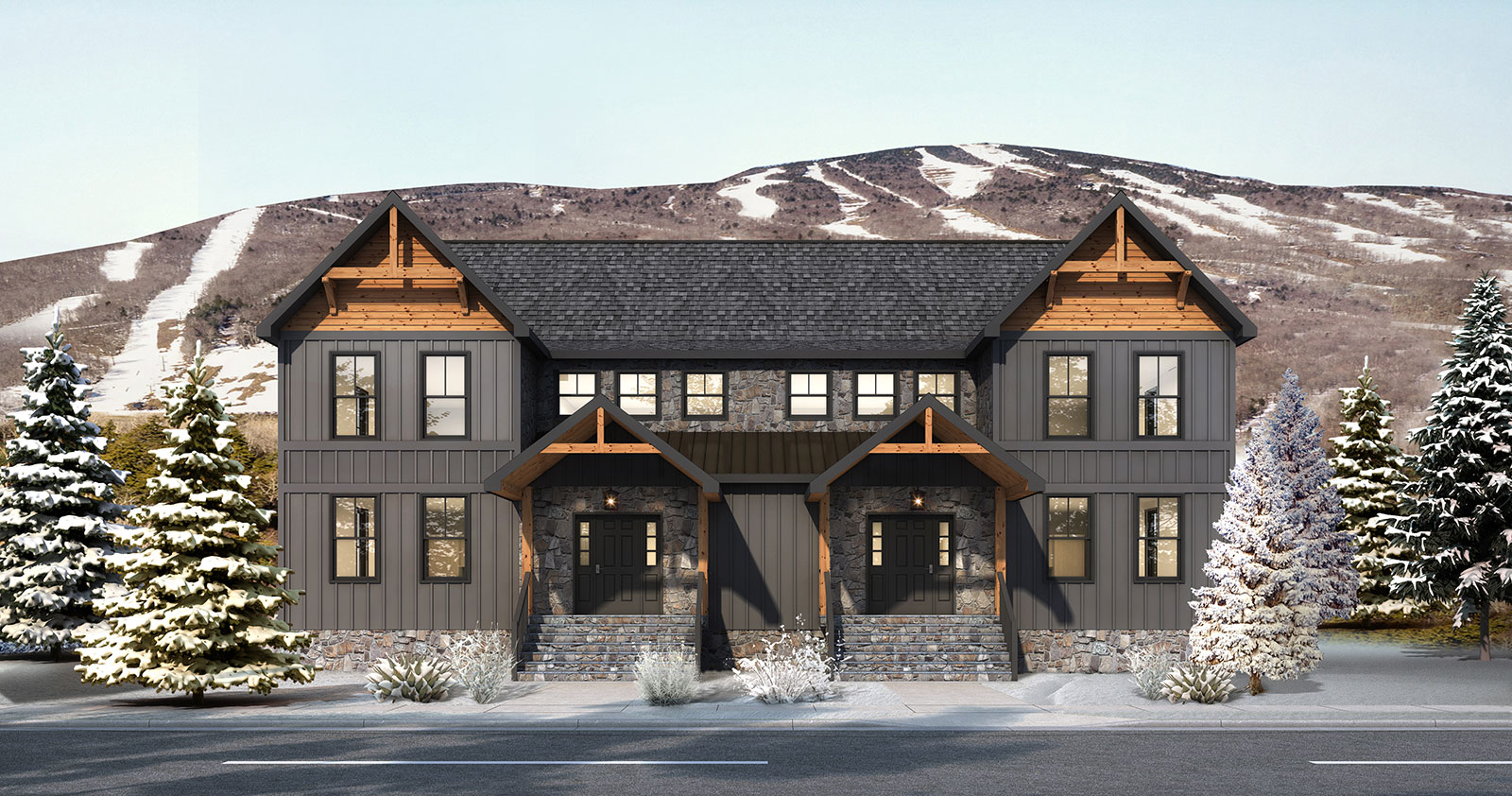3D render of suburban townhouse development with landscaped streetscape snow setting