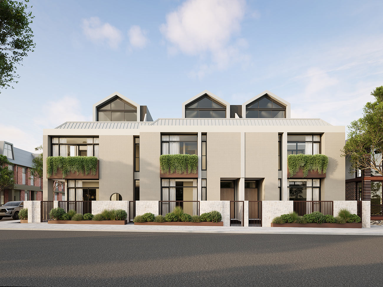 Modern townhouse row with heritage inspired design and street frontage 3D render