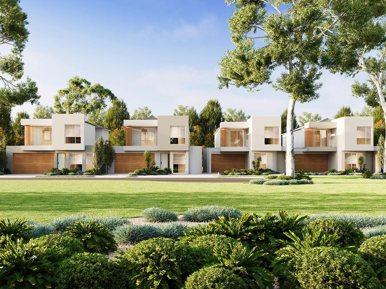 Modern townhouse development facing landscaped park streetscape 3D render