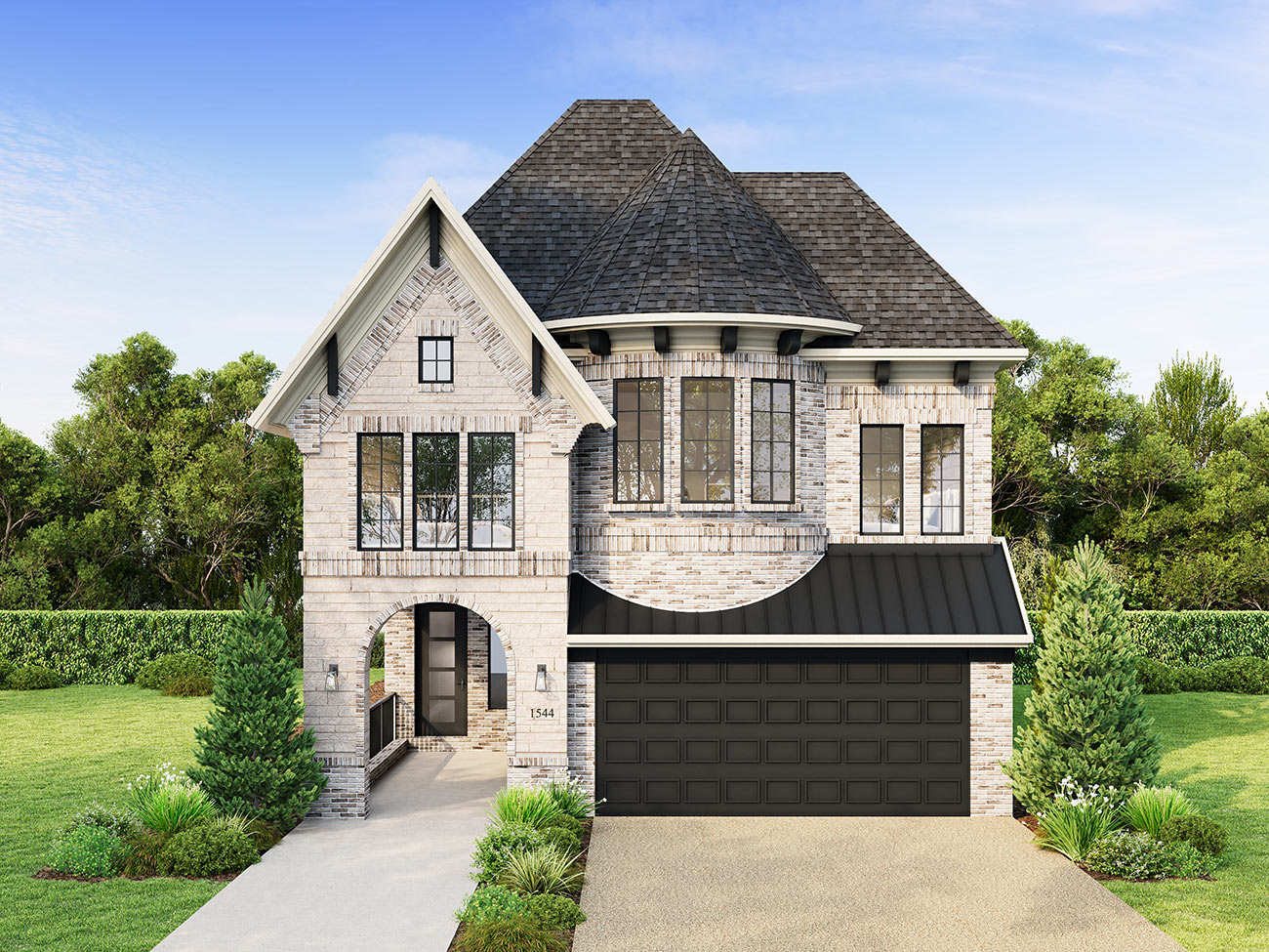 Traditional brick home with gabled roof, arched entry and double garage facade