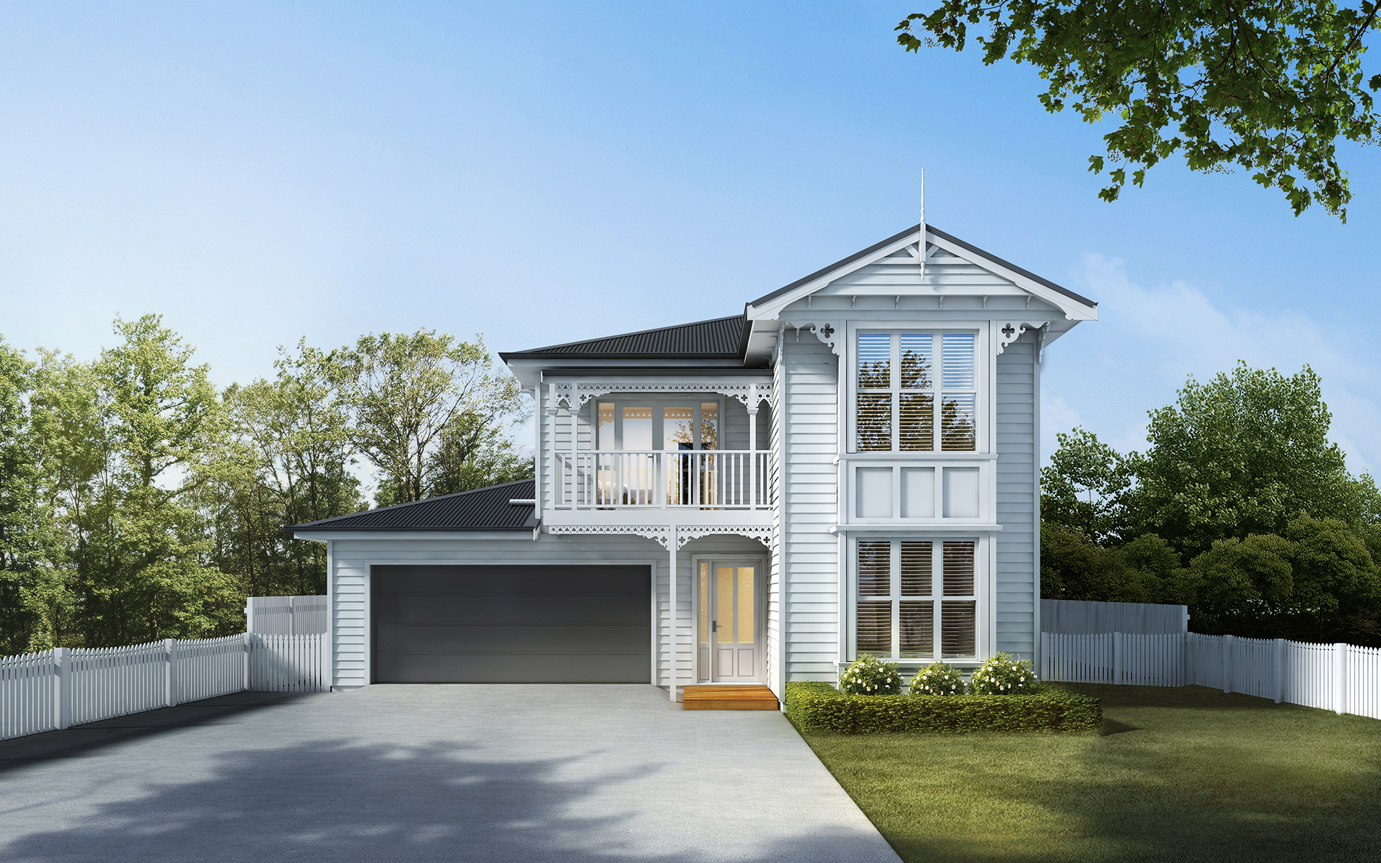 Victorian inspired home with decorative trim, balcony and double story facade
