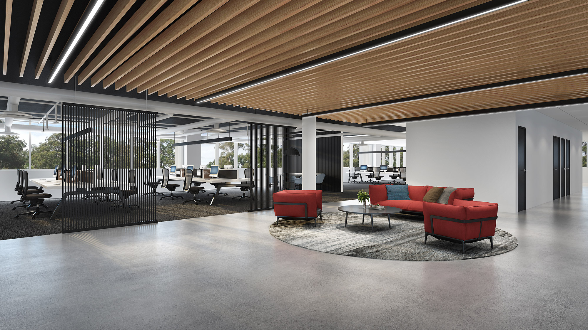 Apartment lobby 3D render with lounge seating, decorative artwork feature wall and modern interior styling