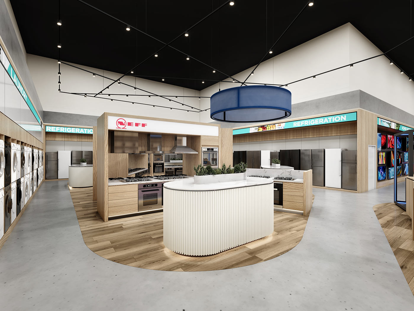 Open-plan appliance showroom with kitchen displays, refrigeration walls and modern retail lighting design