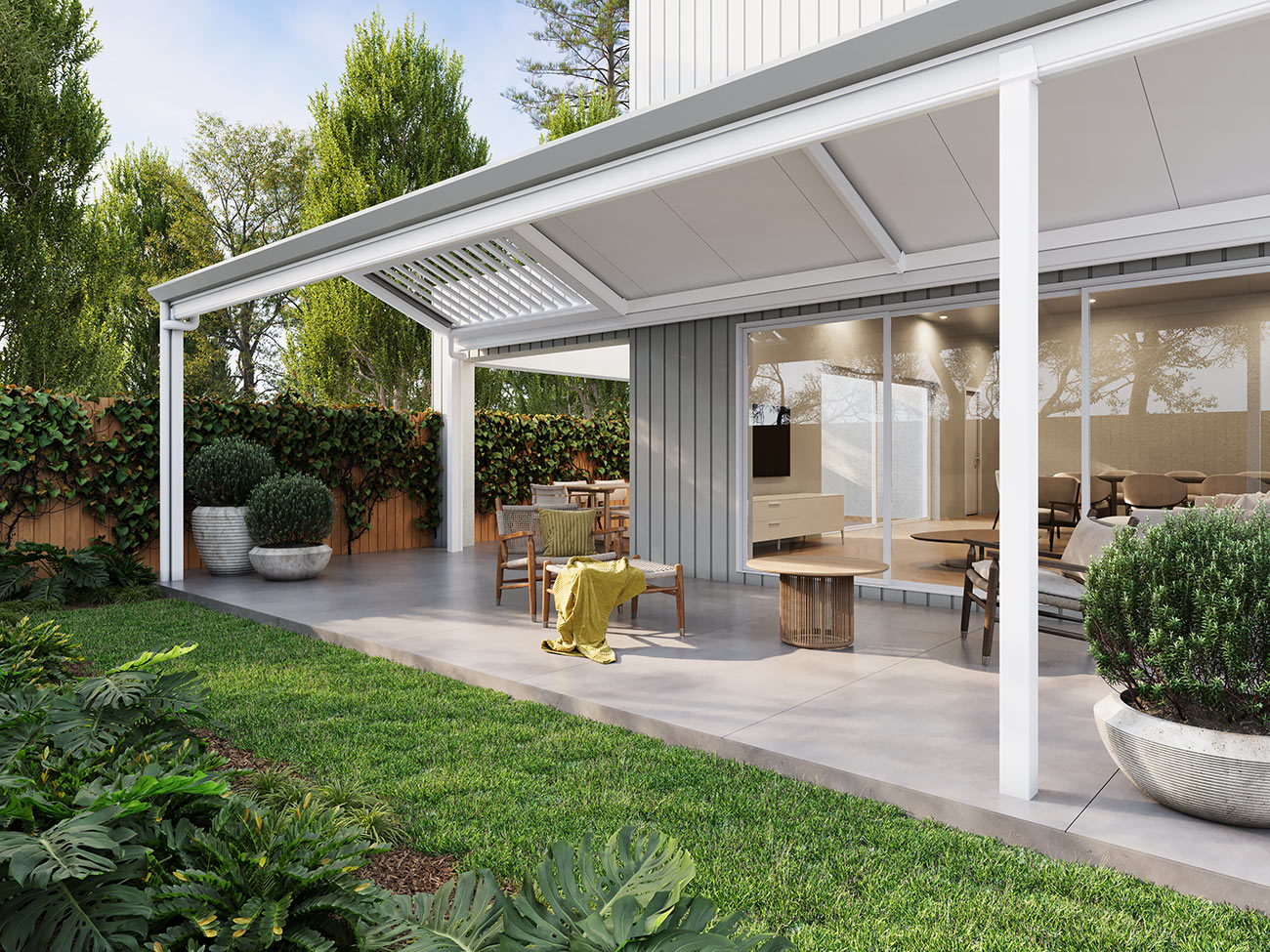 3D render of backyard patio with pergola, outdoor seating, landscaped garden and modern home exterior