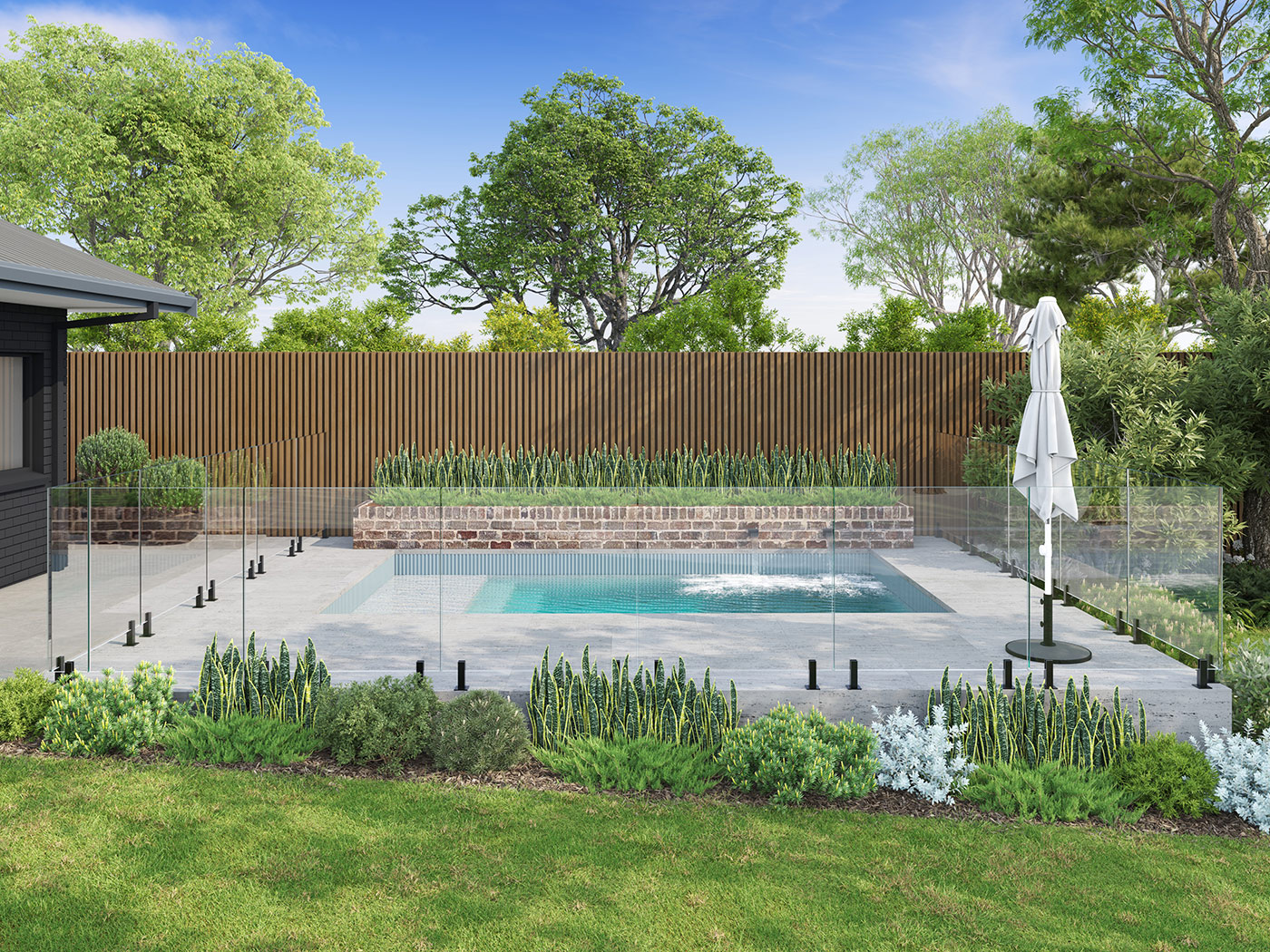 3D render of backyard swimming pool with glass fencing, structured landscaping and modern garden design