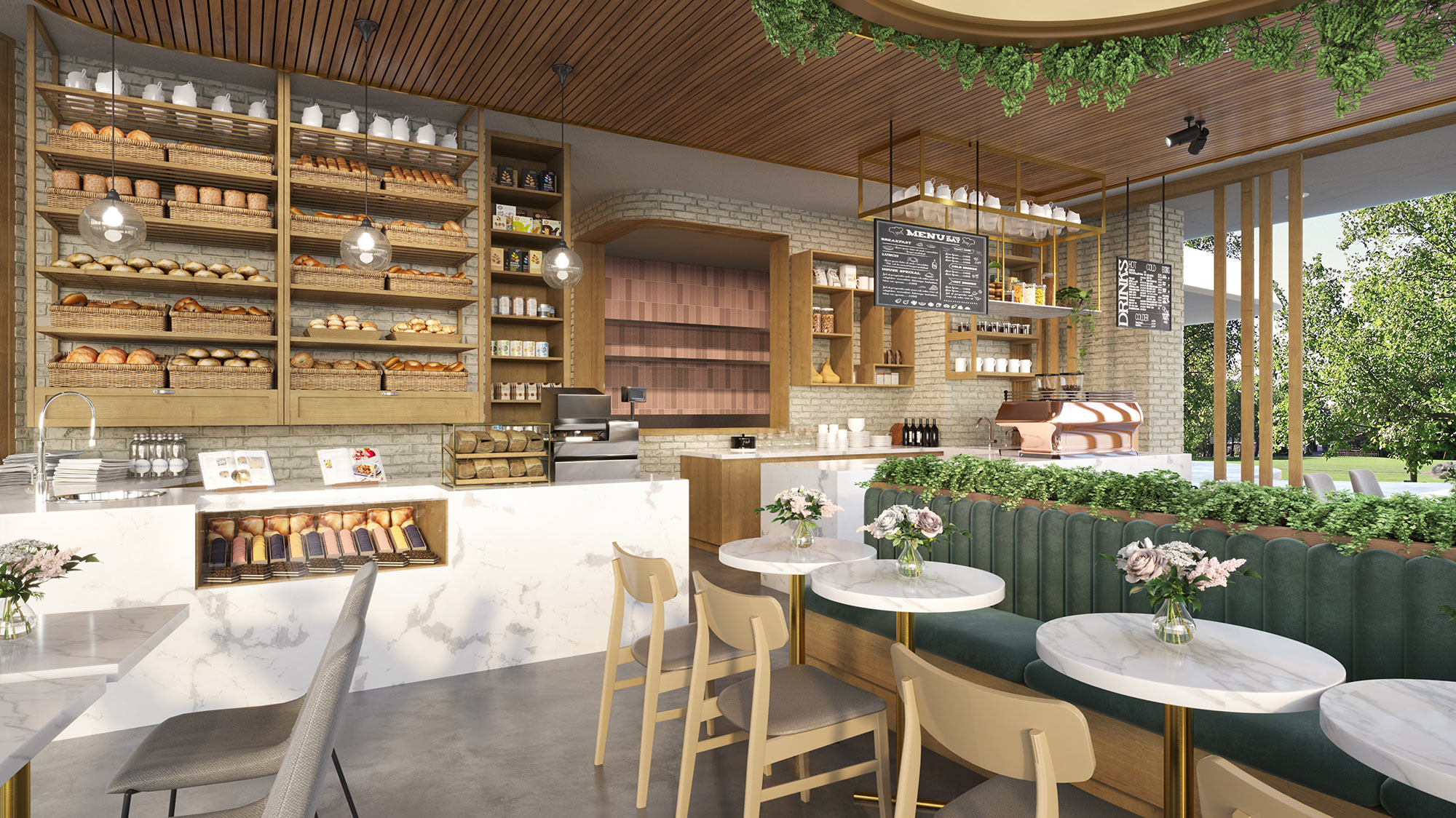 Bakery and café interior 3D render featuring display shelving, marble counters, seating, and warm hospitality fitout design