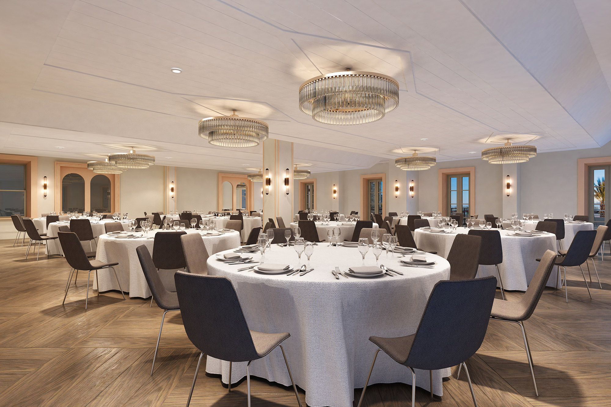 Banquet function room 3D render with round dining tables, chandelier lighting and formal event venue layout