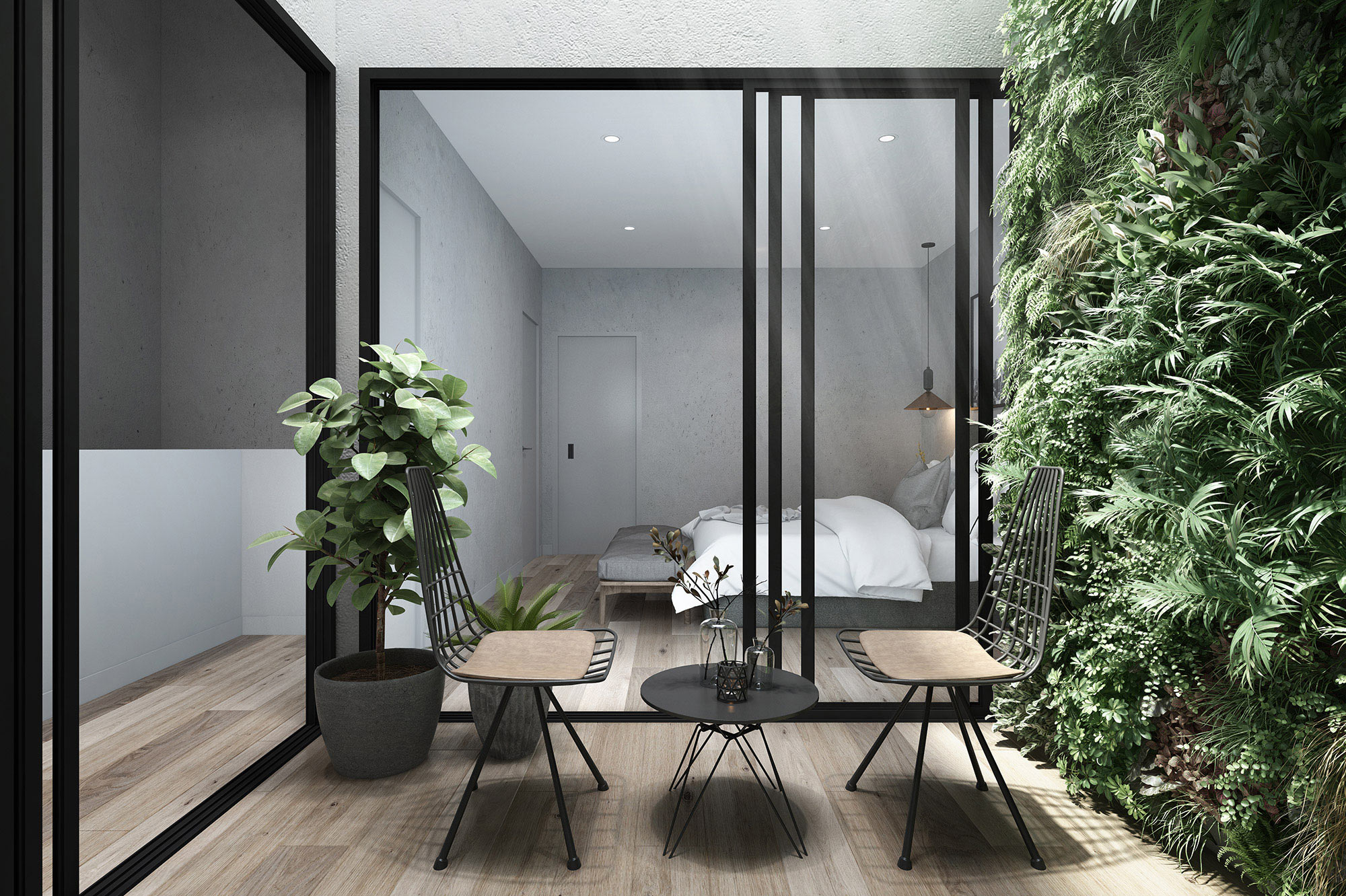 3D render of a modern bedroom opening onto a courtyard with a vertical green wall