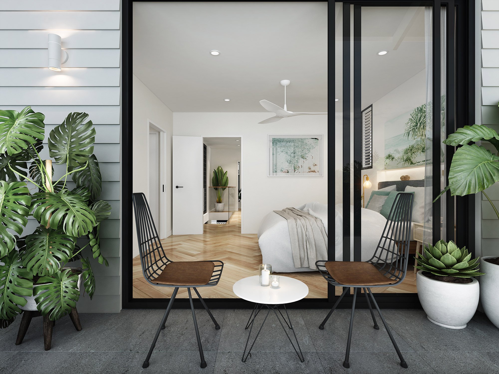 3D render of modern bedroom with balcony seating, large glass doors and indoor outdoor living design