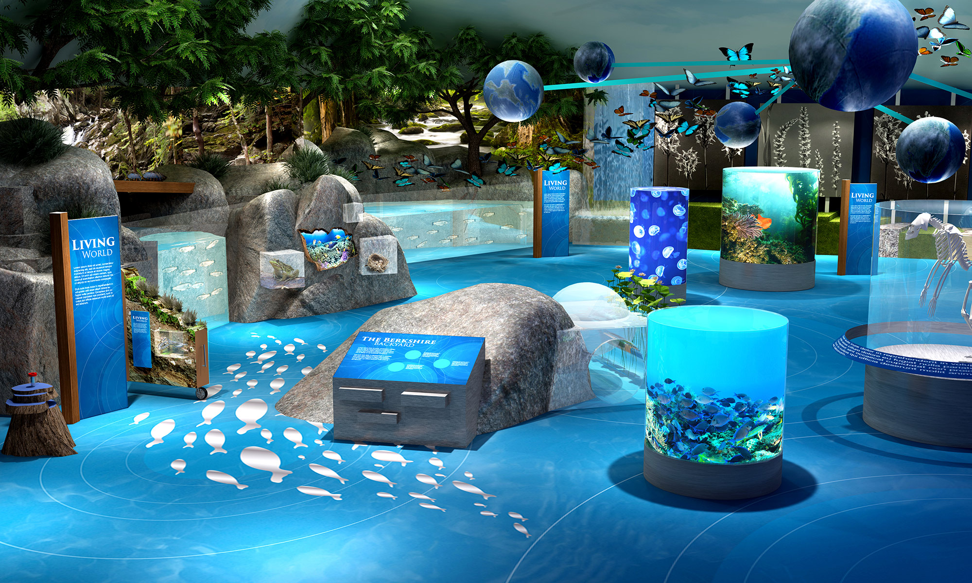 3D Rendering of a Berkshire Museum exhibit inside a childcare center, with educational displays and aquatic life