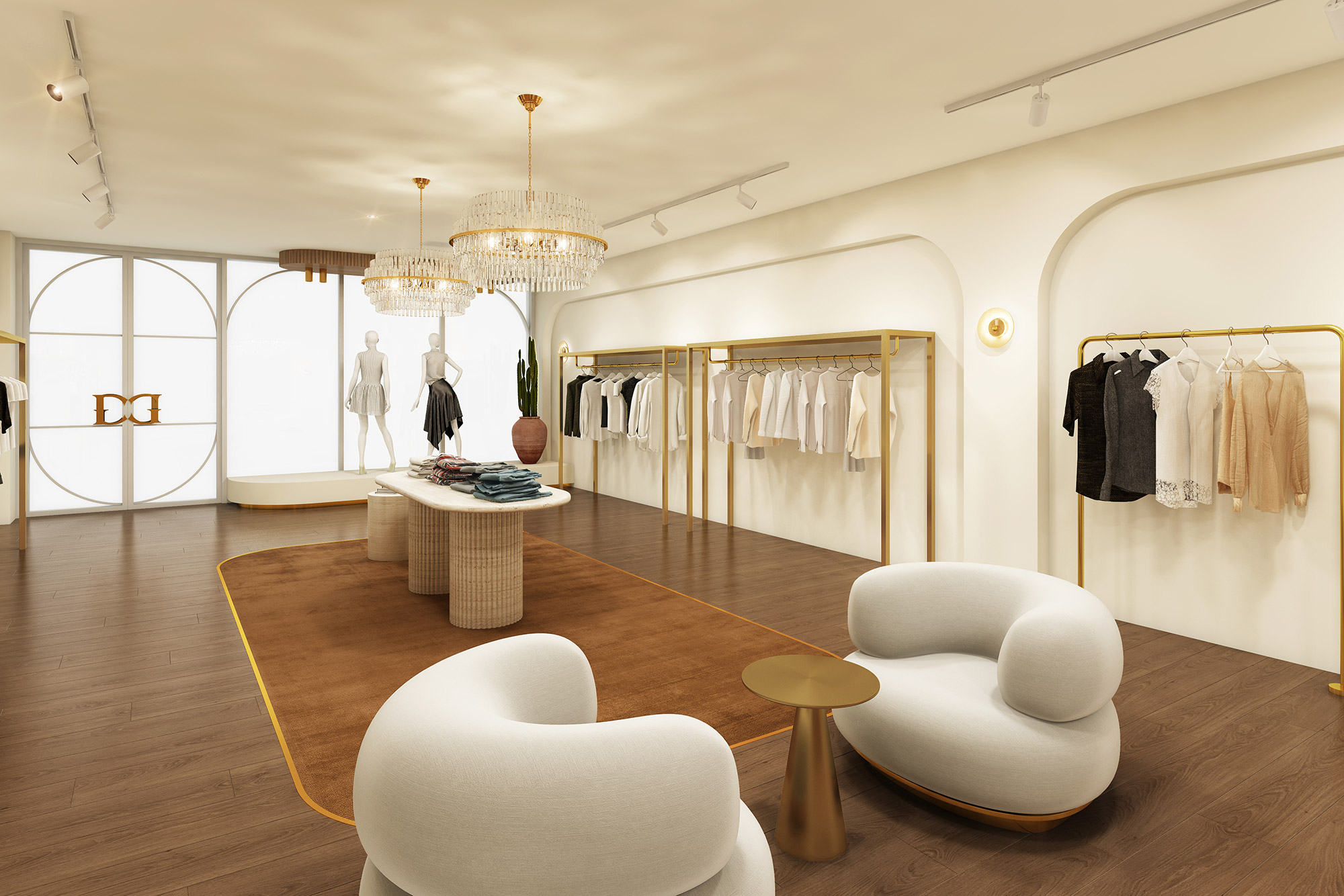 Boutique fashion store interior 3D render with lounge chairs, central display zone, chandelier lighting and luxury retail styling