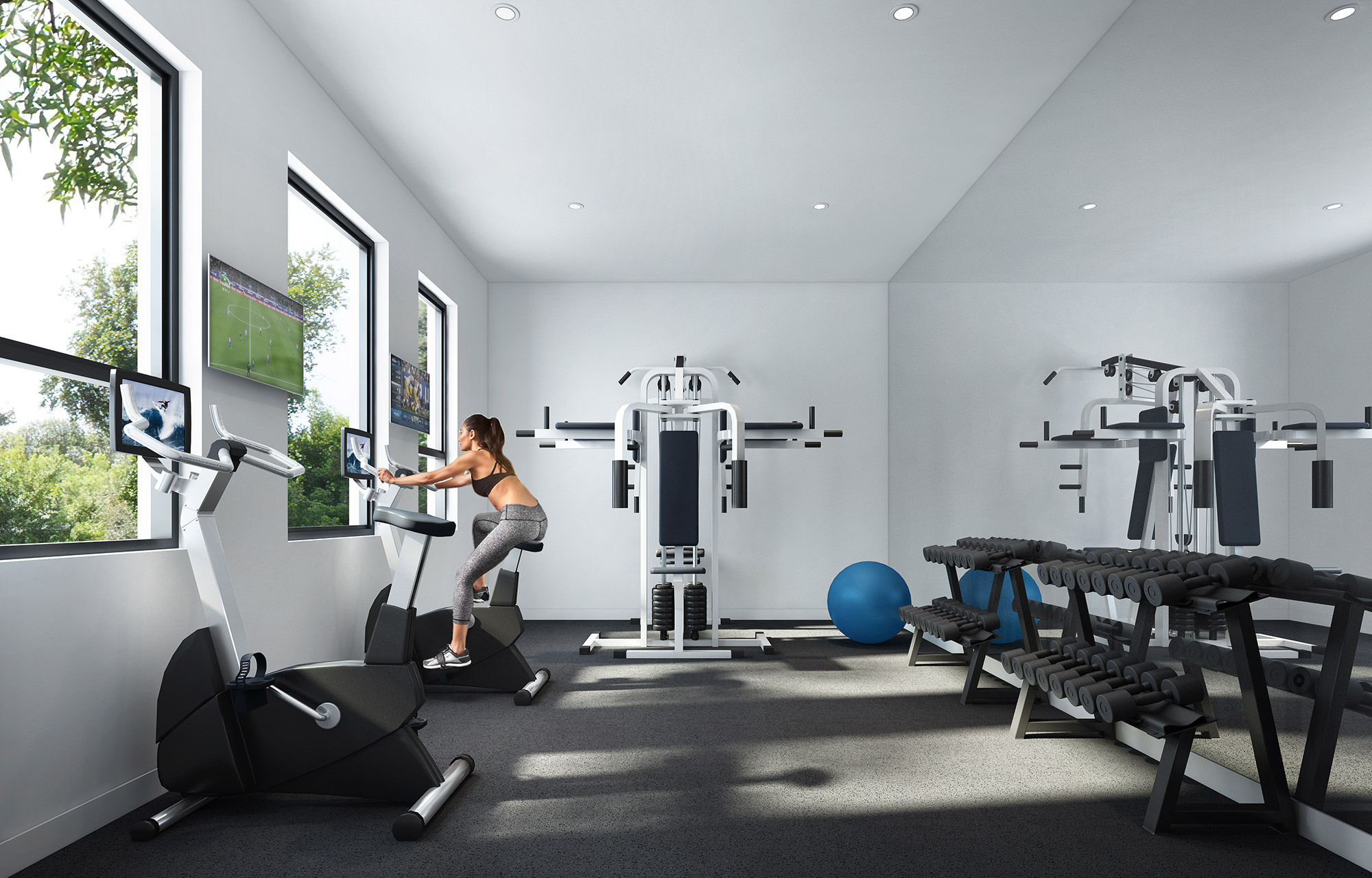 Boutique home gym with cycling station and free weights, minimalist fitness space 3D rendering