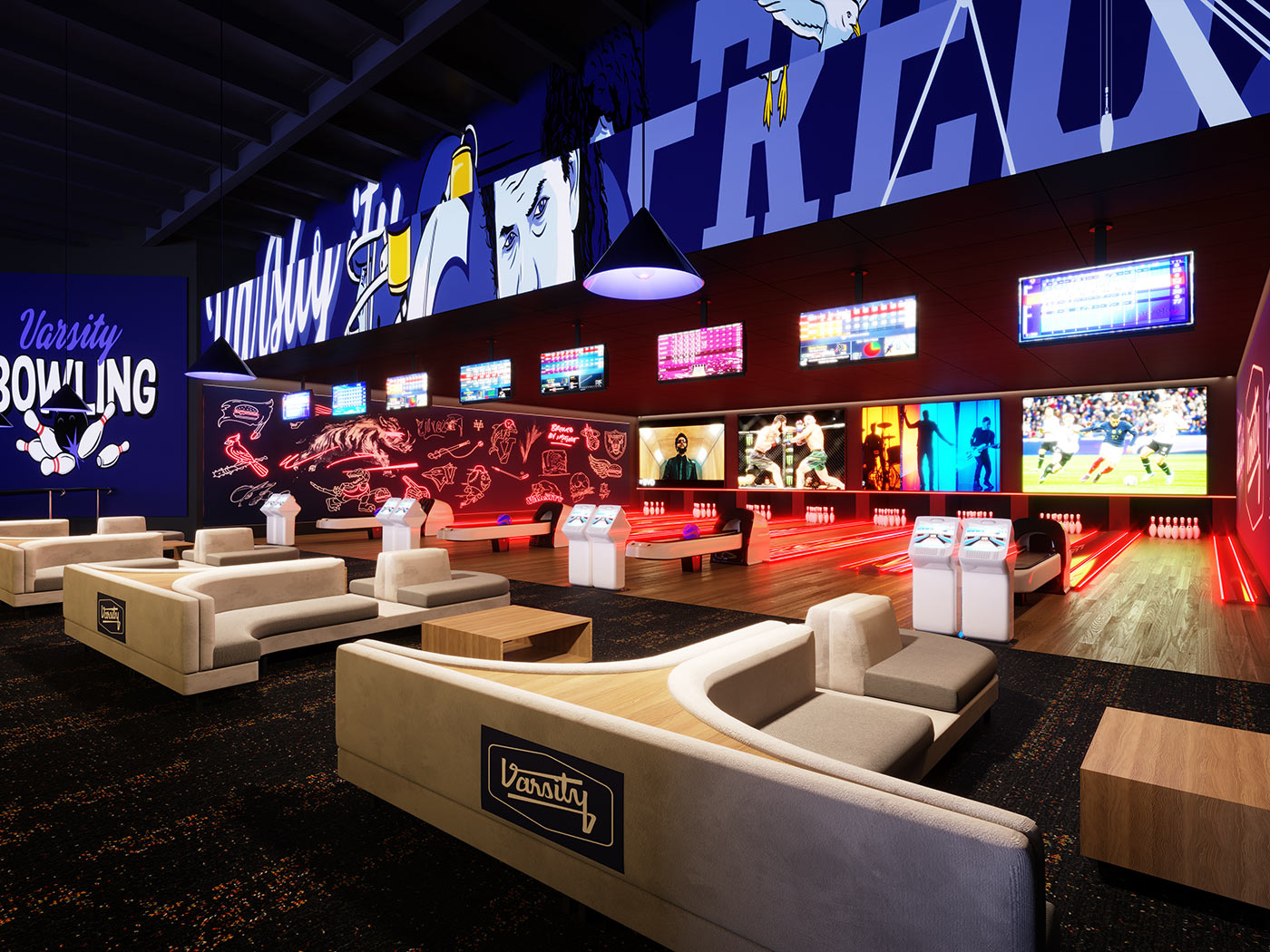 Retail 3D Render of modern bowling alley entertainment venue interior with neon lighting lounge seating digital screens and immersive recreational design