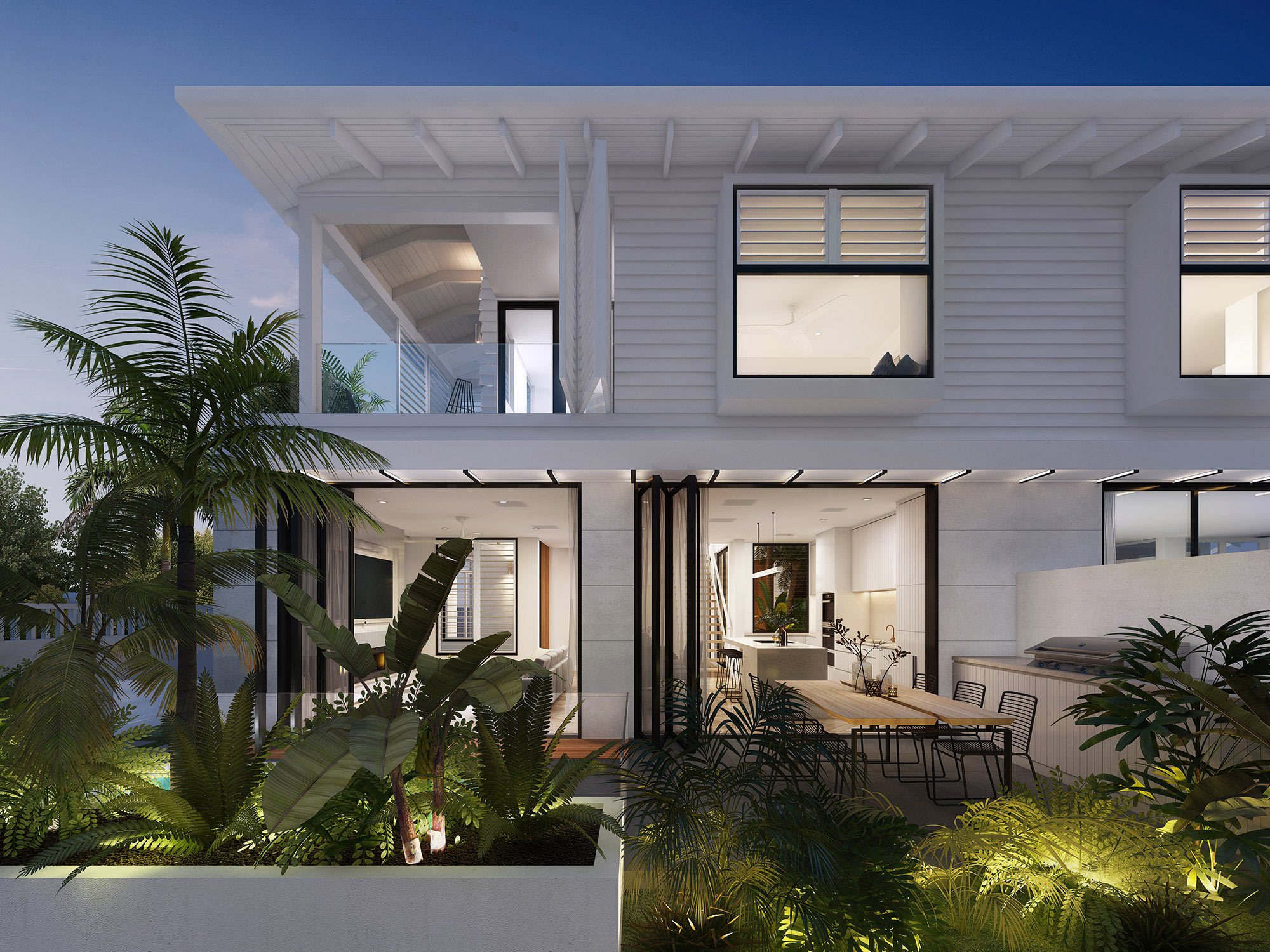 3D render of a brick alfresco outdoor living space with pergola and dining area