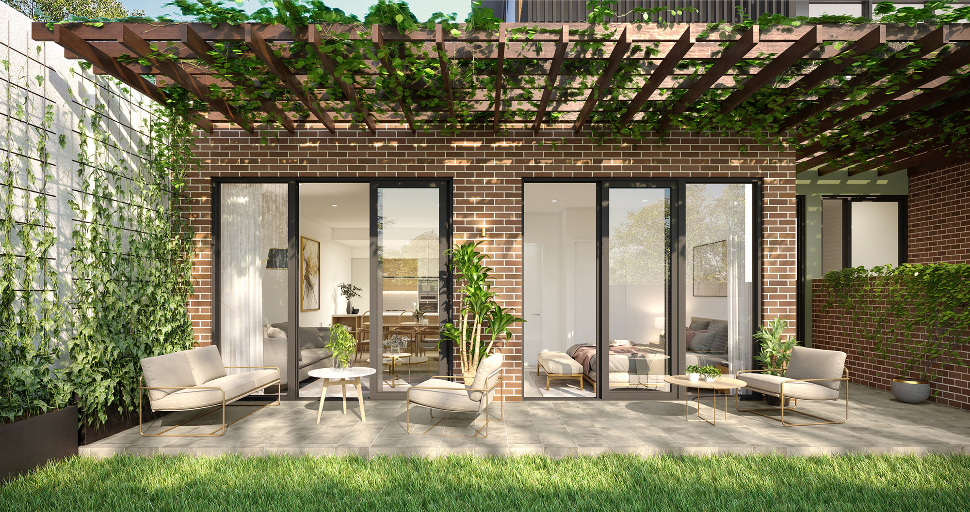 3D render of a brick courtyard with pergola and a contemporary outdoor living area