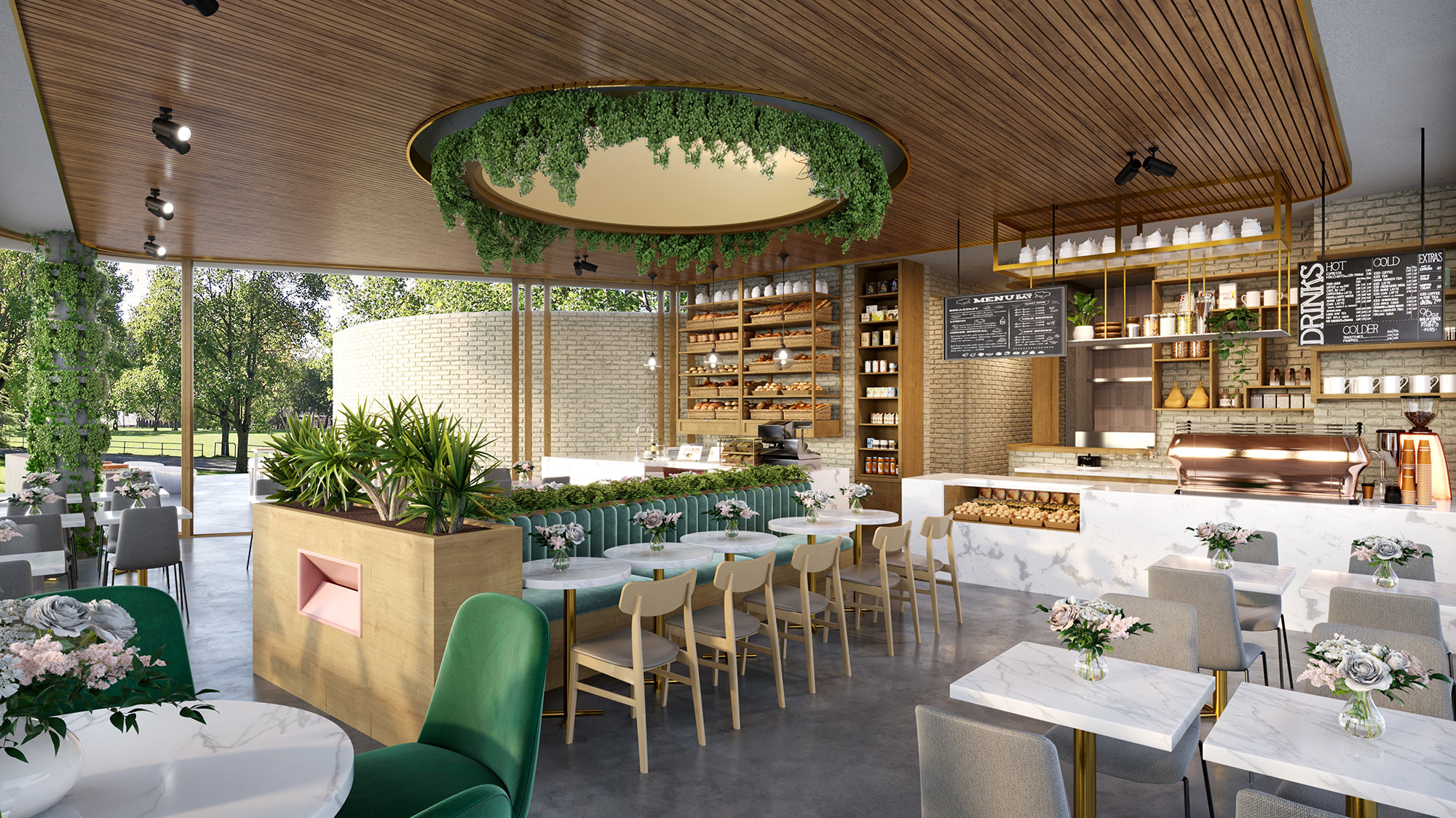 Café counter and display 3D visualization with pastry showcase, coffee machine, shelving, and modern café interior layout