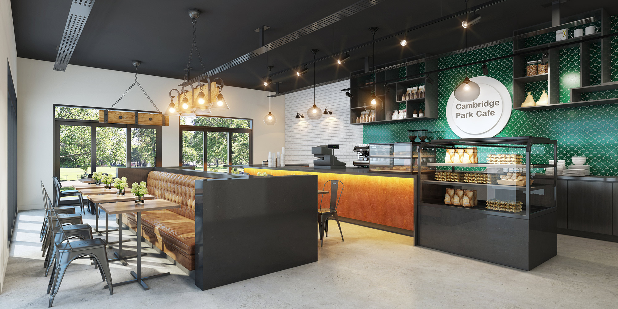 Café interior with counter service, display cabinets and warm hospitality design