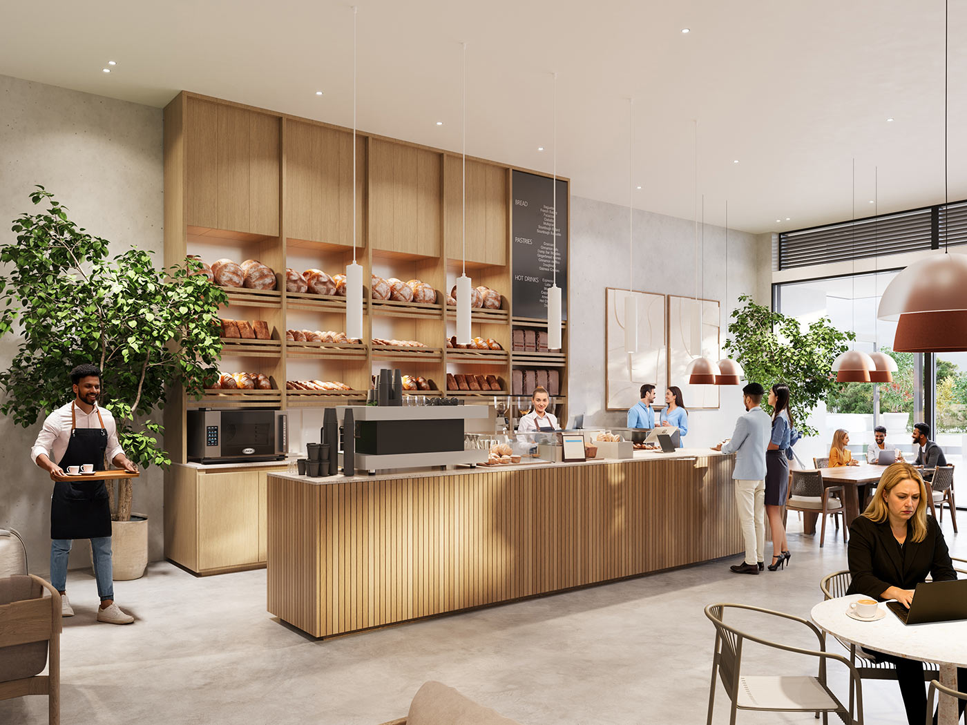 Casual dining interior with open seating, lighting features and modern hospitality fitout