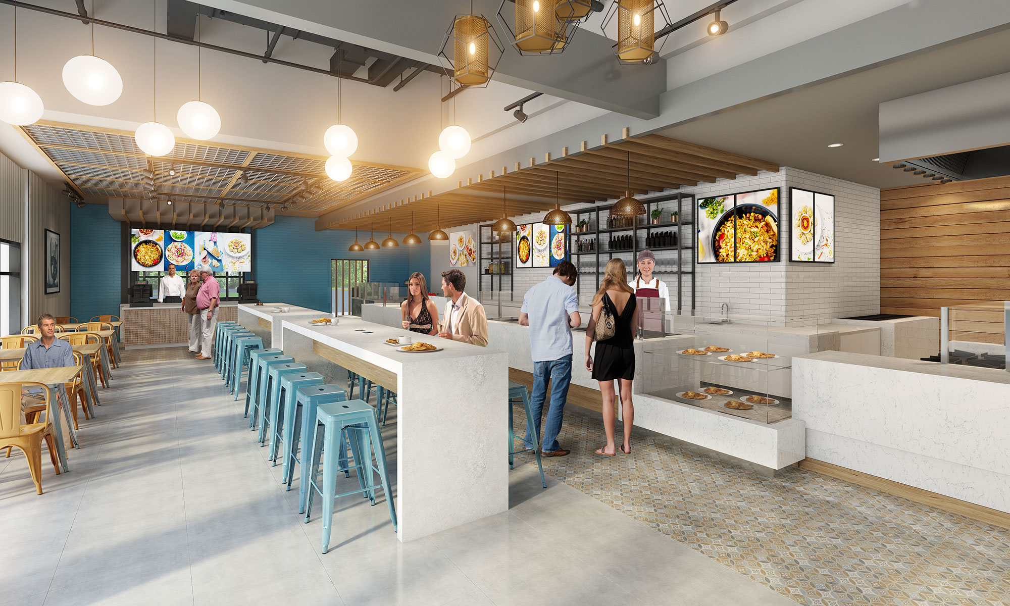 Casual restaurant interior with communal seating, bar area and modern lighting features